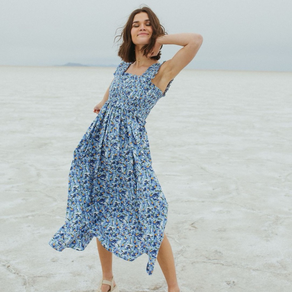 Blue Floral Smocked Midi Dress